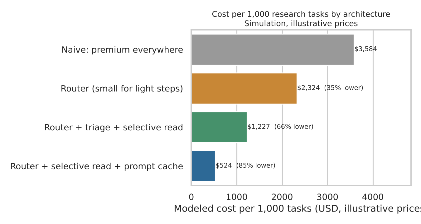 Chart 3: Modeled cost per 1,000 tasks: naive premium $3,584; router $2,324 (35% lower); router plus triage and selective read $1,227 (66% lower); plus prompt cache $524 (85% lower). Illustrative prices.