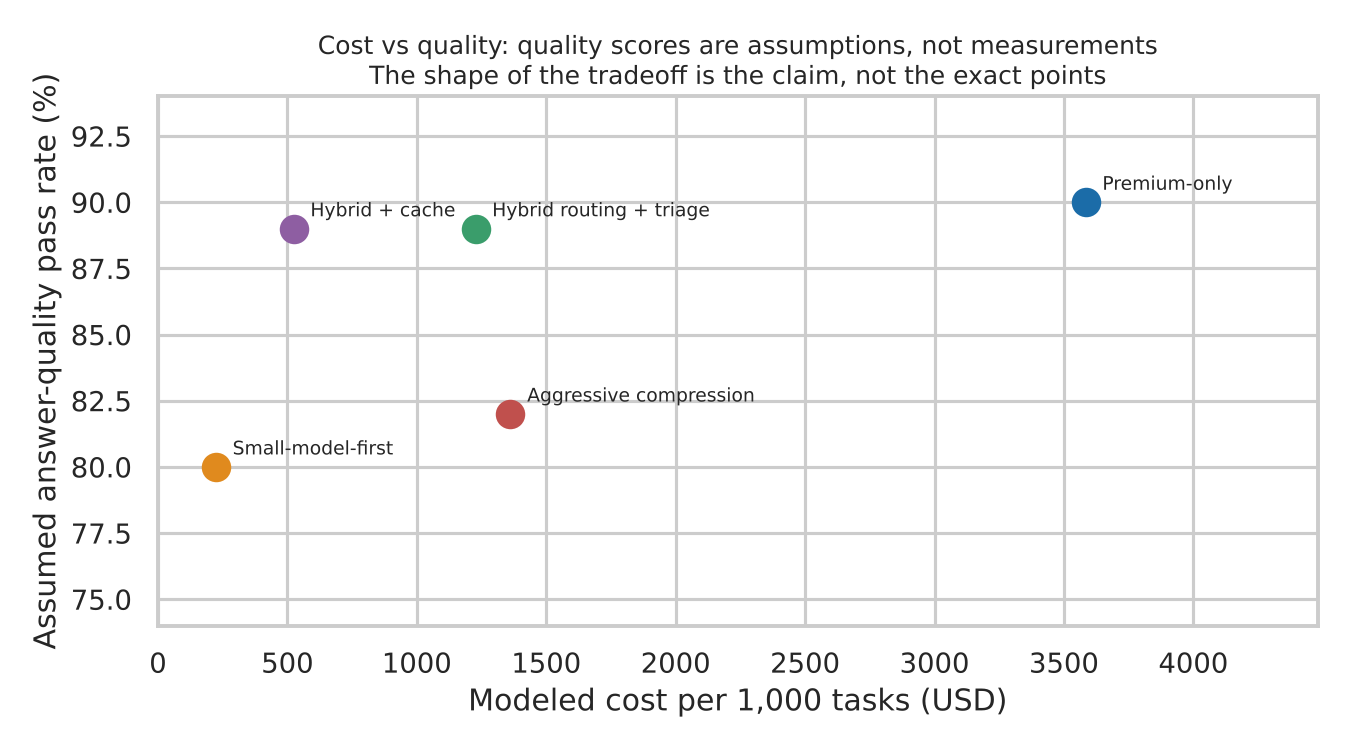 Chart 5: Assumed cost versus quality: premium-only 90% at $3,584; hybrid routing and triage 89% at $1,227; aggressive compression 82% at $1,362; small-model-first 80% at $224.